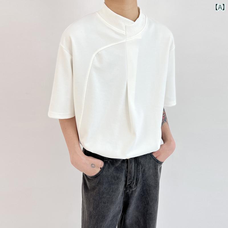 メンズ ファッション 春夏 秋冬 かっこいい オシャレ モテ 男性用 紳士服 服 韓国 シンプル 大人 レトロ スタンドカラーステッチ ハイエンド T シャツ ラウンドネック シンプル 半袖 メンズイン ゆったり 夏