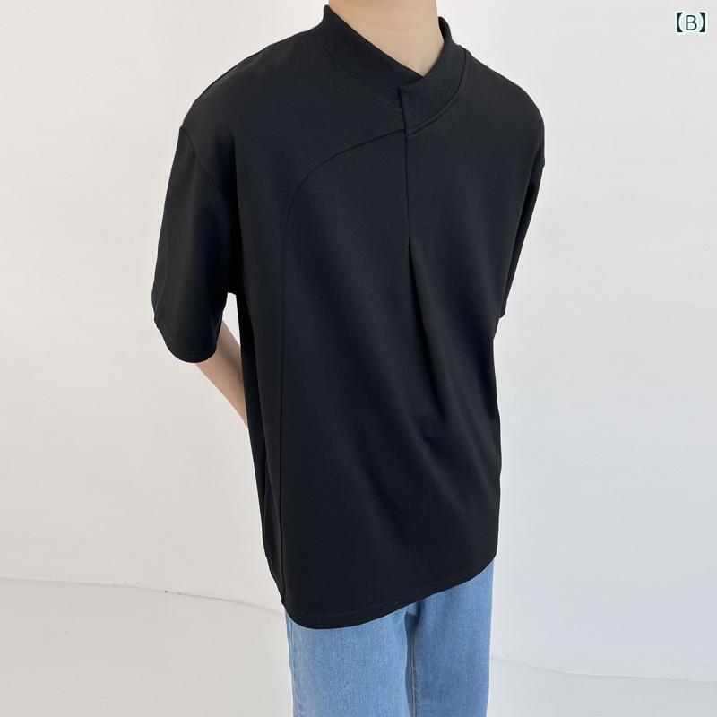 メンズ ファッション 春夏 秋冬 かっこいい オシャレ モテ 男性用 紳士服 服 韓国 シンプル 大人 レトロ スタンドカラーステッチ ハイエンド T シャツ ラウンドネック シンプル 半袖 メンズイン ゆったり 夏