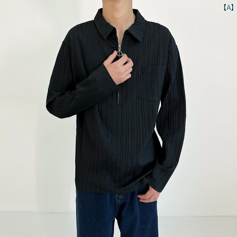 Rakuten - メンズ ファッション 春夏 秋冬 かっこいい オシャレ モテ 男性用 紳士服 服 韓国 シンプル 大人 高級 ポロシャツ メンズ ジッパー カジュアル ゆったり 春秋 インナー 高級 シャツ 長袖 T シャツ インス