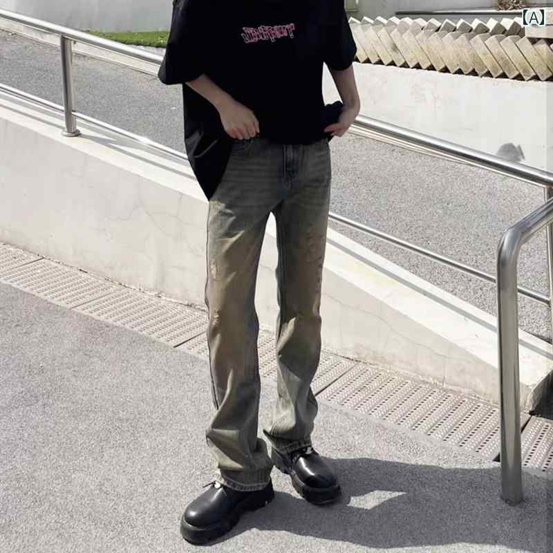 メンズ ファッション 春夏 秋冬 かっこいい オシャレ モテ 男性用 紳士服 服 韓国 シンプル 大人 アメリカン ストリート イエロー コントラスト ホール マイクロフレア ジーンズ メンズ ストレート ドレープ カジュアル ロング パンツ