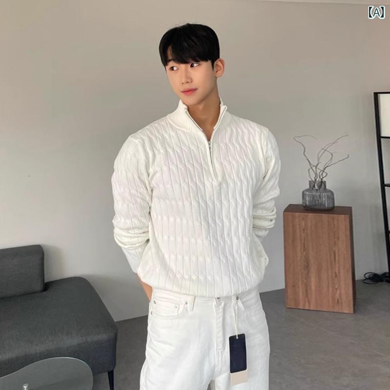 メンズ ファッション 春夏 秋　冬 かっこいい オシャレ モテ 男性用 紳士服 服 韓国 シンプル 大人 秋　冬 男性用 ハイエンド ハーフ ジップ タートルネックセーター 韓国 スタイル カジュアル プルオーバー セーター ジャケット