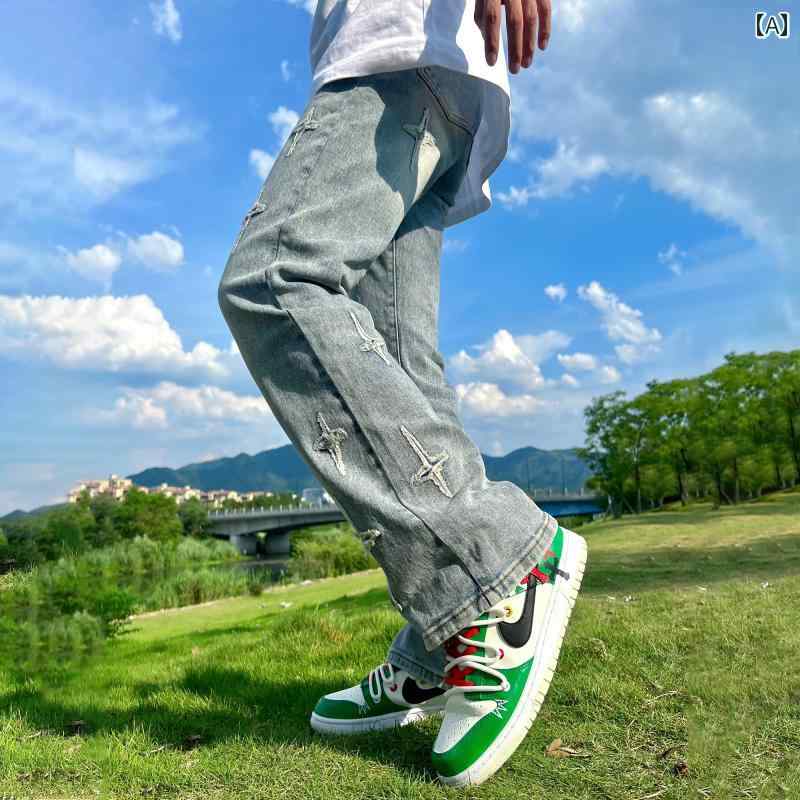 メンズ ファッション 春夏 秋冬 かっこいい オシャレ モテ 男性用 紳士服 服 韓国 シンプル 大人 アメリカ ストリート ウォッシュ 加工 レトロ ブーツ カット ジーンズ ストレート レッグ カジュアル ロング パンツ