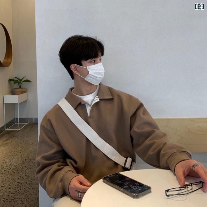 メンズ ファッション 春夏 秋冬 かっこいい オシャレ モテ 男性用 紳士服 服 韓国 シンプル 大人 ポロ カラー スウェットシャツ メンズ 春秋 長袖 T シャツ アメリカンな ハイエンド コート ニット シャツ