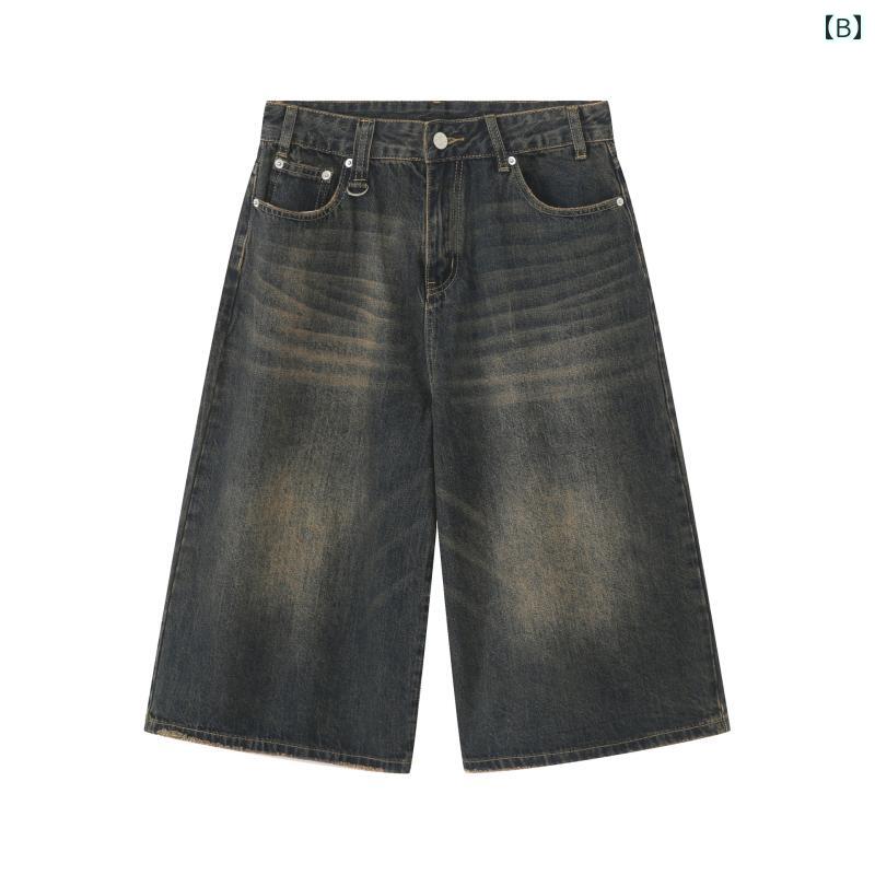 メンズ ファッション 春夏 秋冬 かっこいい オシャレ モテ 男性用 紳士服 服 韓国 シンプル 大人 ストリート アメリカン レトロ ウォッシュ 加工 ダメージ 加工 スリークォーター ジーンズ メンズ 夏 ストレート ワイド レッグ カジュアル ショート パンツ