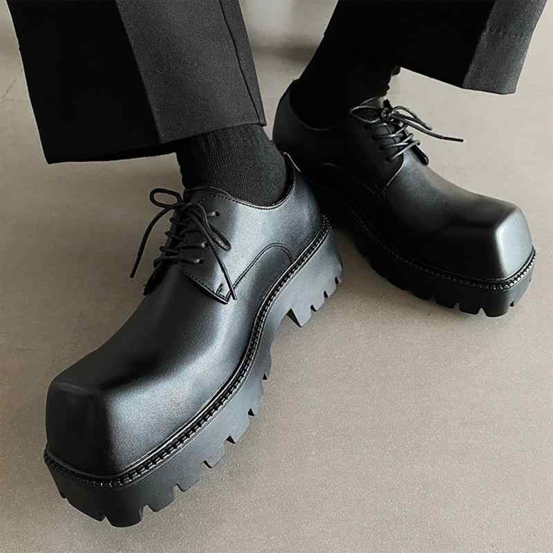 メンズ ファッション 春夏 秋冬 かっこいい オシャレ モテ 男性用 韓国 シンプル 大人 男性用 高級 黒 スクエア レザーシューズ 英国 レトロ ビッグ コック トゥ カジュアル 厚底 ダービー シューズ