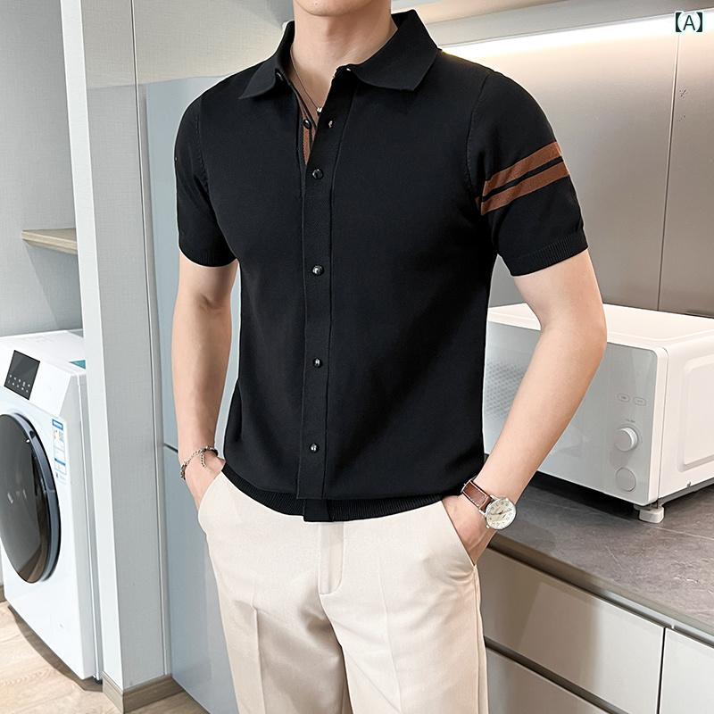 メンズ ファッション 春夏 秋冬 かっこいい オシャレ モテ 男性用 紳士服 服 韓国 シンプル 大人 2025夏 ポロ セーター メンズ 薄手 韓国 スリムフィット ビジネス 通勤 半袖 T シャツ