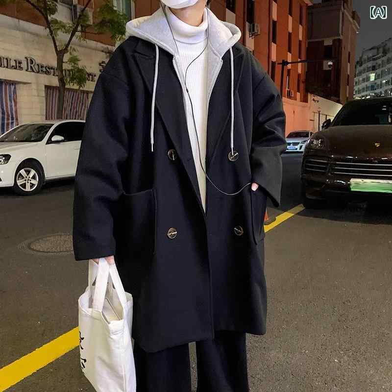 楽天YKC8メンズ ファッション 春夏 秋冬 かっこいい オシャレ モテ 男性用 紳士服 服 韓国 シンプル 大人 冬用 厚手 ウール コート メンズ ゆったり フェイク ツーピース フード付き ウール コート メンズ ウィンドブレーカー ミドル丈