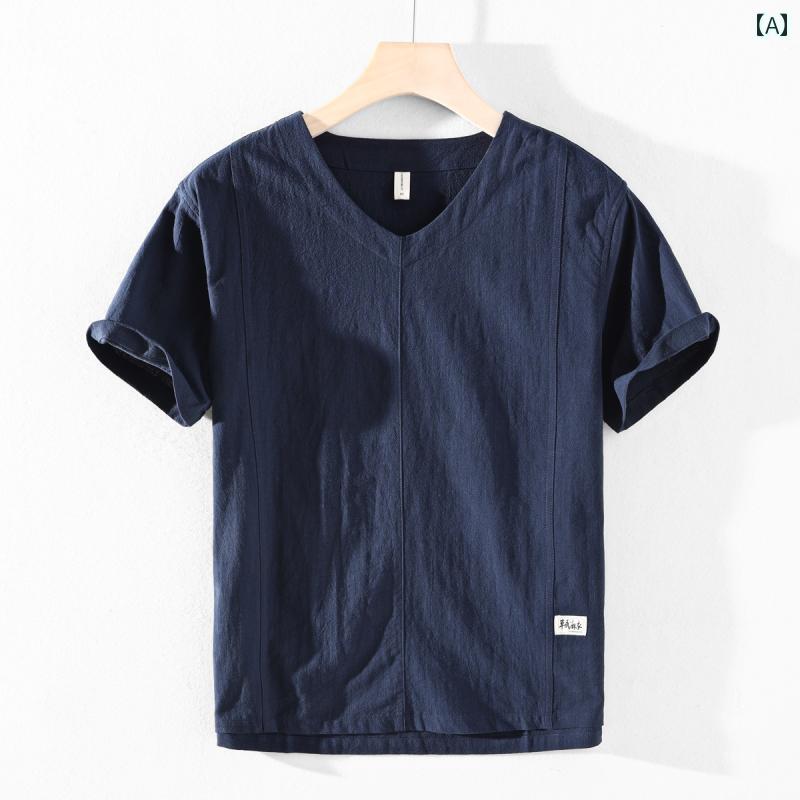 メンズ ファッション 春夏 秋冬 かっこいい オシャレ モテ 男性用 紳士服 服 韓国 シンプル 大人 2025年 通気性の コットンリネン T シャツ メンズ リネンシャツ カオ ミン リネン メンズ Vネック コットンリネン 半袖 シャツ トップス