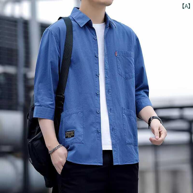メンズ ファッション 春夏 秋冬 かっこいい オシャレ モテ 男性用 紳士服 服 韓国 シンプル 大人 綿 七分袖 シャツ ジャケット メンズ 半袖 夏 薄手 半袖 ミドル スリーブ カジュアル シャツ