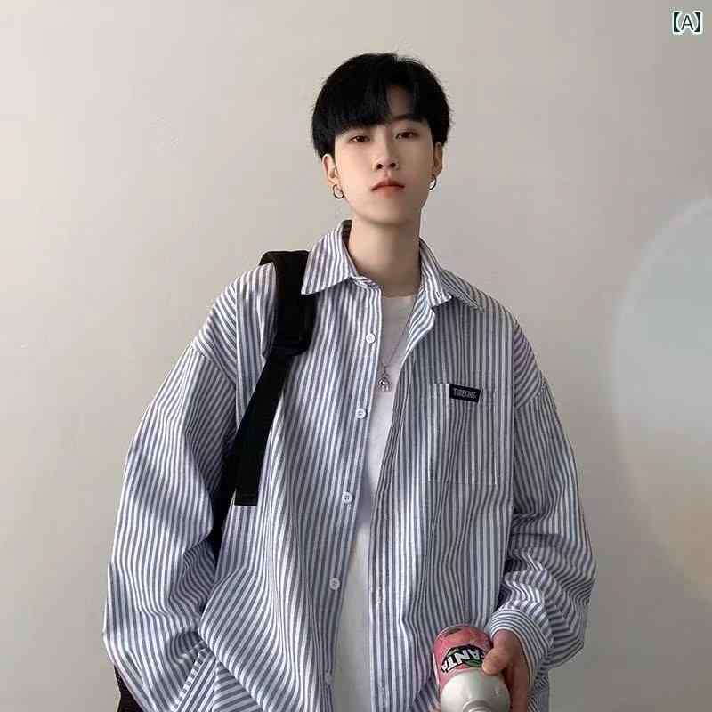 Rakuten - メンズ ファッション 春夏 秋冬 かっこいい オシャレ モテ 男性用 紳士服 服 韓国 シンプル 大人 初秋 男の子 風 ストライプ 長袖 シャツ ゆったり 風 カジュアル シャツ ジャケット