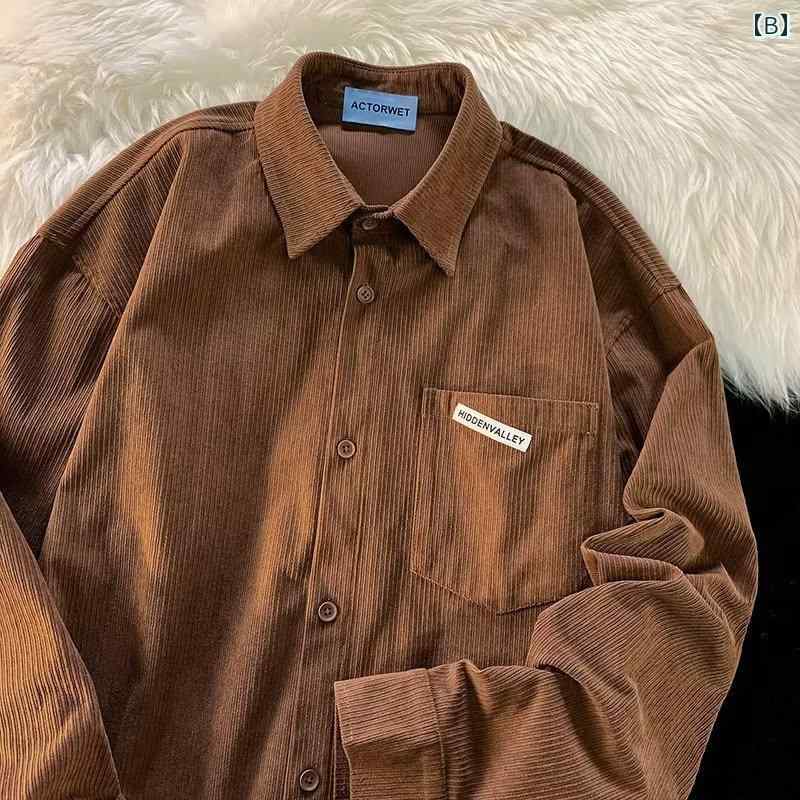 メンズ ファッション 春夏 秋冬 かっこいい オシャレ モテ 男性用 紳士服 服 韓国 シンプル 大人 秋冬 メンズ 長袖 シャツ ゆったり レトロ コーデュロイシャツ の ラベル カジュアル ジャケット 2