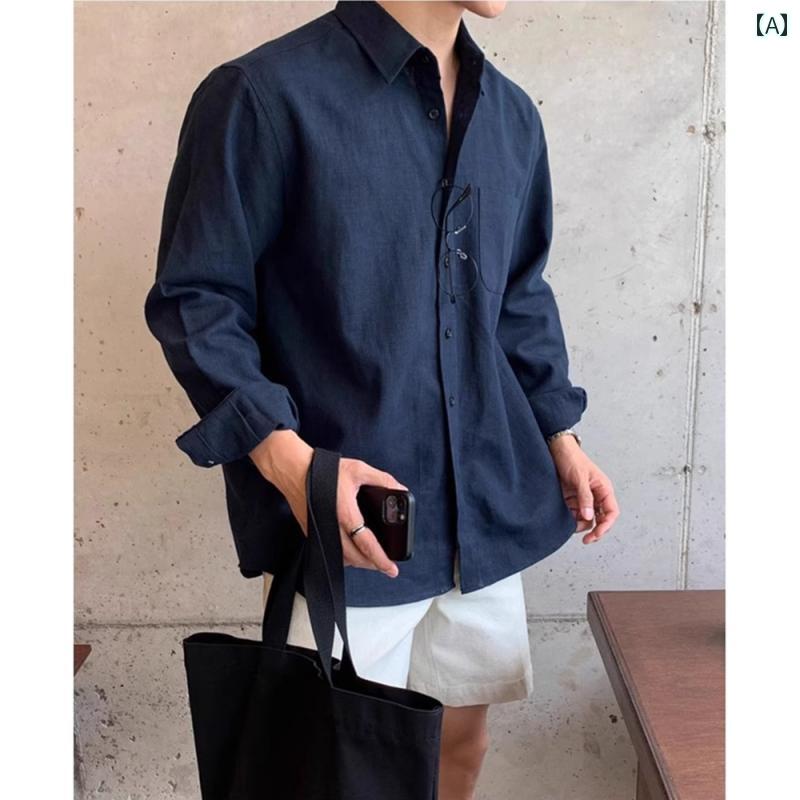 Rakuten - メンズ ファッション 春夏 秋冬 かっこいい オシャレ モテ 男性用 紳士服 服 韓国 シンプル 大人 韓国 高級 リネン 長袖 シャツ メンズ 春秋 韓国 メンズカジュアル 日焼け防止 肌 優しい 通気性 シャツ