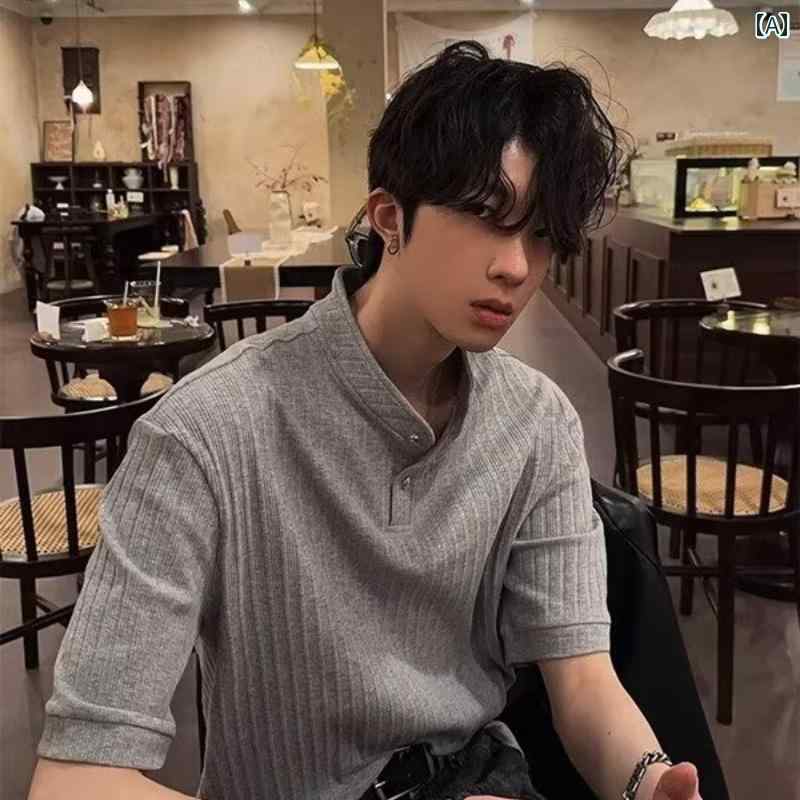 メンズ ファッション 春夏 秋冬 かっこいい オシャレ モテ 男性用 紳士服 服 韓国 シンプル 大人 夏 ライト グレーの 古風お 金 高級 半袖 メンズファッション 小さい スタンドカラー ポロシャツ レトロ T シャツ メンズ