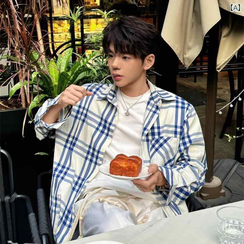 樂天商城 - メンズ ファッション 春夏 秋冬 かっこいい オシャレ モテ 男性用 紳士服 服 韓国 シンプル 大人 アメリカン ファッションの チェック柄 長袖 シャツ 男女兼用 ゆったりの 日焼け防止 服 青 白の ツイル 日焼け防止 シャツ
