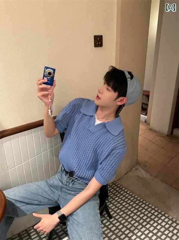 メンズ ファッション 春夏 秋冬 かっこいい オシャレ モテ 男性用 紳士服 服 韓国 シンプル 大人 韓国 冷感の クール 夏 バケーション 半袖 ニット セーター クリーンな ホワイト ブルーの ホロー ポロ カラー イン(4.0)