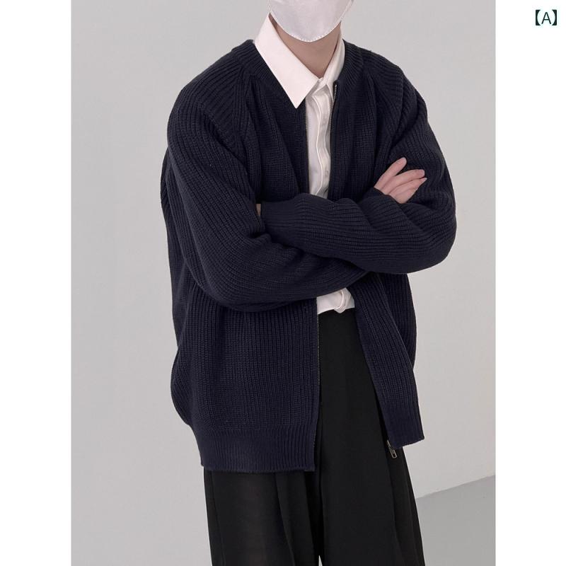メンズ ファッション 春夏 秋冬 かっこいい オシャレ モテ 男性用 紳士服 服 韓国 シンプル 大人 ラウンドネック ジッパー カーディガン セーター メンズ 秋冬 シンプル 韓国 軽量 大人 スタイル 無地 カジュアル ニット セーター ジャケット