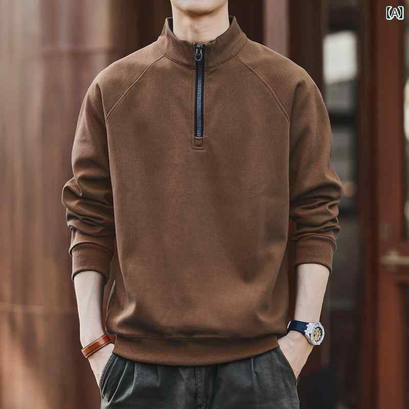 メンズ ファッション 春夏 秋冬 かっこいい オシャレ モテ 男性用 紳士服 服 韓国 シンプル 大人 ブルー ディア アメリカン スタイル コーデュロイ ハーフ ジッパー スウェットシャツ メンズ 春秋 厚手 ヘビー トップス メンズ スポーツ ポロシャツ