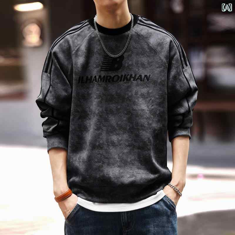 メンズ ファッション 春夏 秋冬 かっこいい オシャレ モテ 男性用 紳士服 服 韓国 シンプル 大人 グリーン ディア ハイエンド フル プリント ストライプ メンズ 長袖 スウェットシャツ 秋 ラウンドネック ボトムス トップ