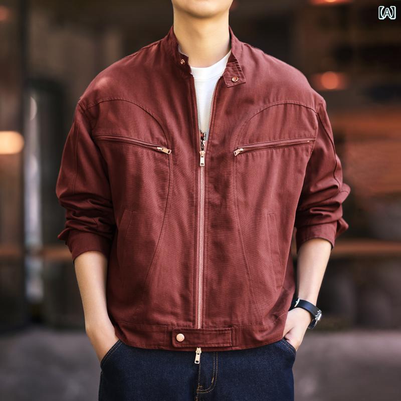 Rakuten - メンズ ファッション 春夏 秋冬 かっこいい オシャレ モテ 男性用 紳士服 服 韓国 シンプル 大人 グレー ディア アメリカン レトロ ワークウェア ジャケット 春秋用 ゆったり 長袖 シャツ タフ な スタンドカラー ジャケット