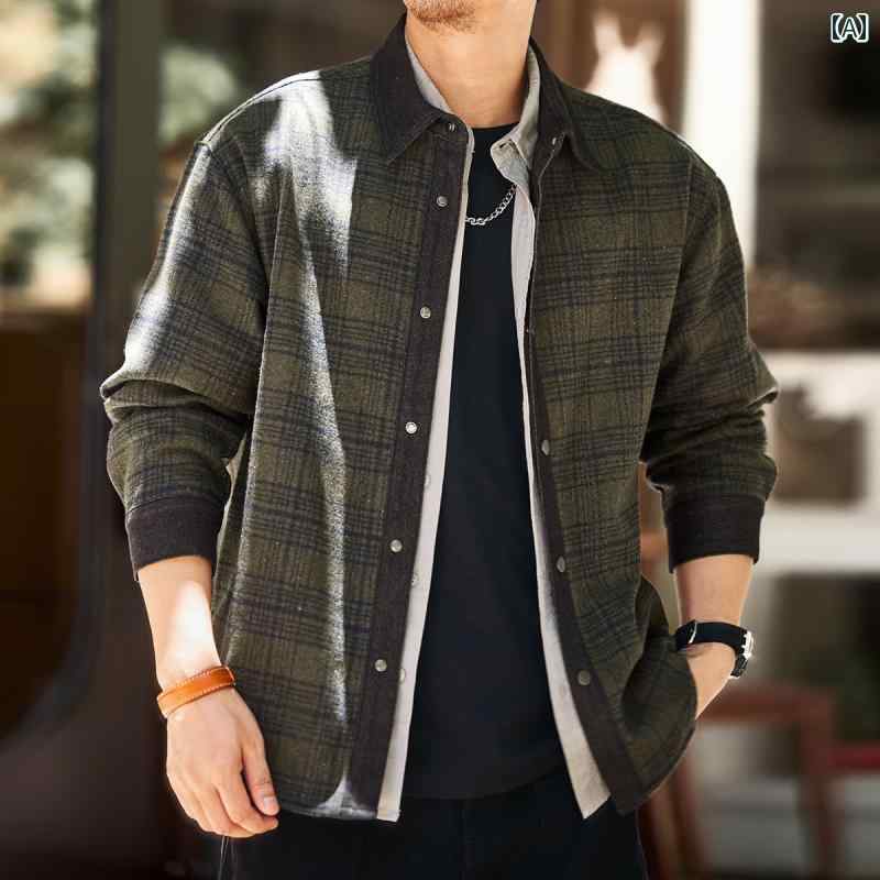 メンズ ファッション 春夏 秋冬 かっこいい オシャレ モテ 男性用 紳士服 服 韓国 シンプル 大人 グリーン ディア ハイエンド レトロ 長袖 チェック柄 シャツ メンズ 秋冬 カジュアル ウール 混紡 シャツ ジャケット