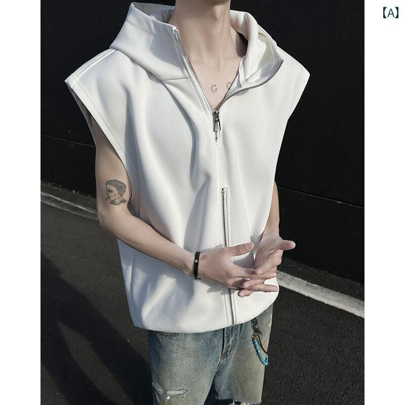 メンズ ファッション 春夏 秋冬 かっこいい オシャレ モテ 男性用 紳士服 服 韓国 シンプル 大人 ホワイト フード付き ノースリーブ ベスト メンズ 夏 メタルジッパー T シャツ ショルダー アメリカン ヘビー 半袖 ウエスト コート