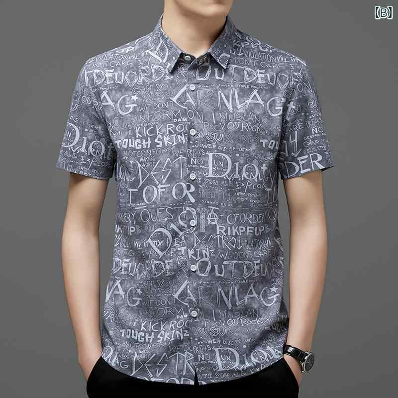 メンズ ファッション 春夏 秋冬 かっこいい オシャレ モテ 男性用 紳士服 服 韓国 シンプル 大人 夏 スリムの 冷感 薄手 通気性 半袖 シャツ 伸縮性 アイロン 不要 しわなり くい プリント 半袖 シャツ メンズ