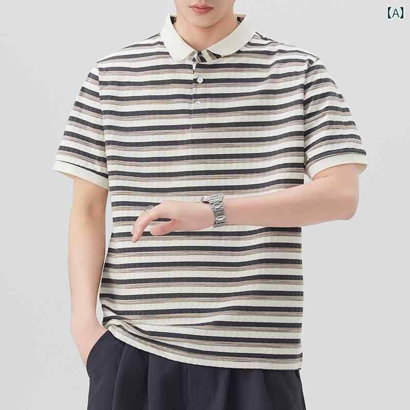 メンズ ファッション 春夏 秋冬 かっこいい オシャレ モテ 男性用 紳士服 服 韓国 シンプル 大人 ストライプ T シャツ 夏 冷感 薄手 ファッション ポール T シャツ 半袖 ポロシャツ メンズ
