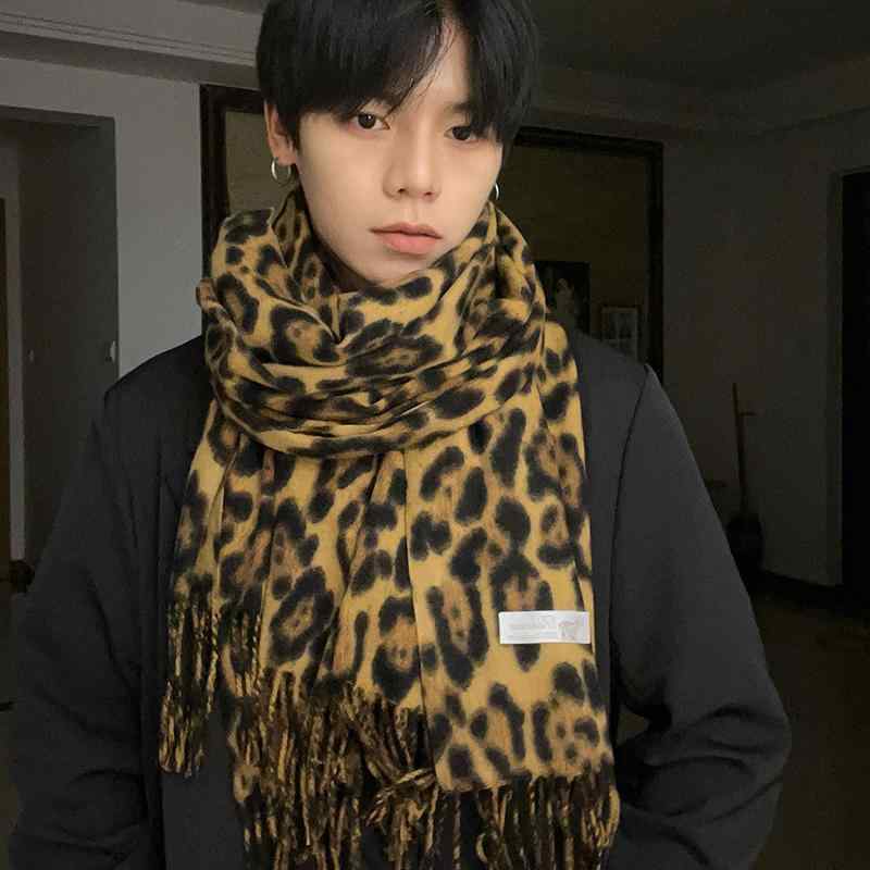 秋冬 メンズ ファッション 男性 紳士 おしゃれ かっこいい モテる おすすめ 韓国 マフラー レトロ ヒョウ柄 シンプル 高級 カジュアル 厚手 防寒 シンプル 高級 カジュアル