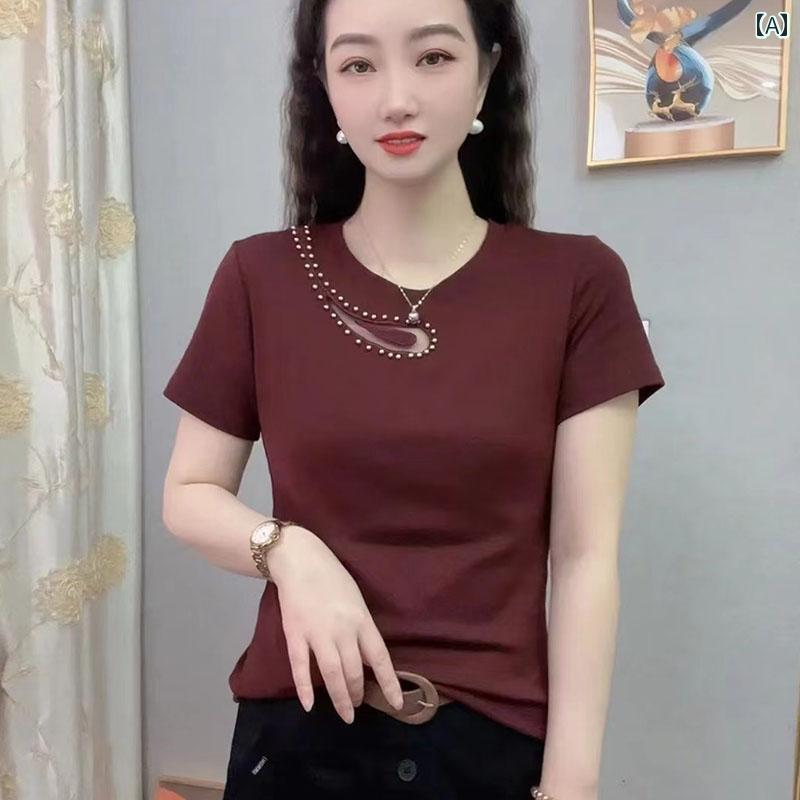 レディース ファッション おしゃれ 春夏 秋　冬 大人 上品 高級 マダム ミス ミセス プレゼント ファッション　レディースカジュアル　年齢夏服　スタイル　スリムフィット　服　半袖　ブラウス　T　シャツ