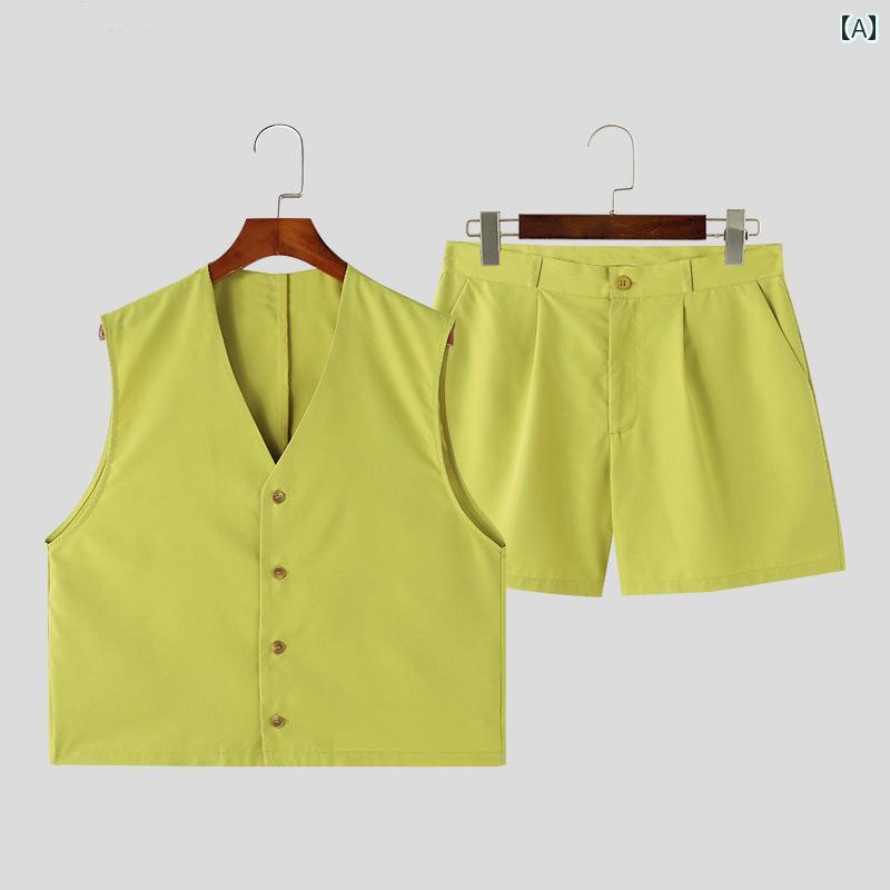 メンズ ファッション 春夏 秋冬 かっこいい オシャレ モテ 男性用 紳士服 服 韓国 シンプル 大人 夏 アメリカ メンズ Vネックノースリーブ カジュアル ベスト ハイウエスト ワイド レッグ ショーツ スーツ メンズスーツ