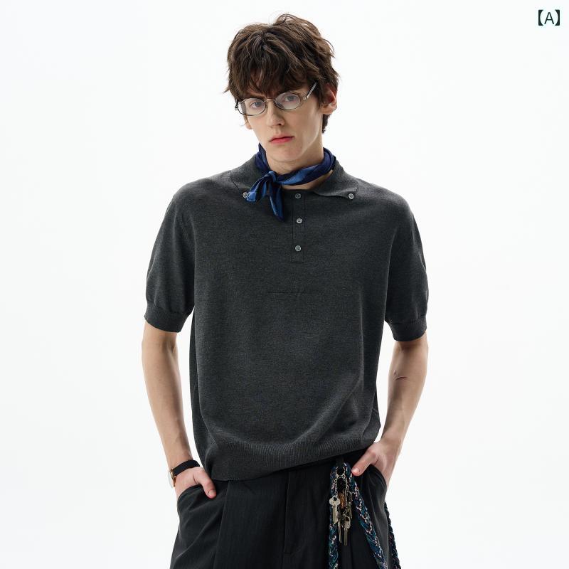 Rakuten - メンズ ファッション 春夏 秋冬 かっこいい オシャレ モテ 男性用 紳士服 服 韓国 シンプル 大人 レトロ シンプル ポロ カラー クール ニット 半袖 T シャツ 男女兼用 ゆったり カジュアル カップル トップス イン