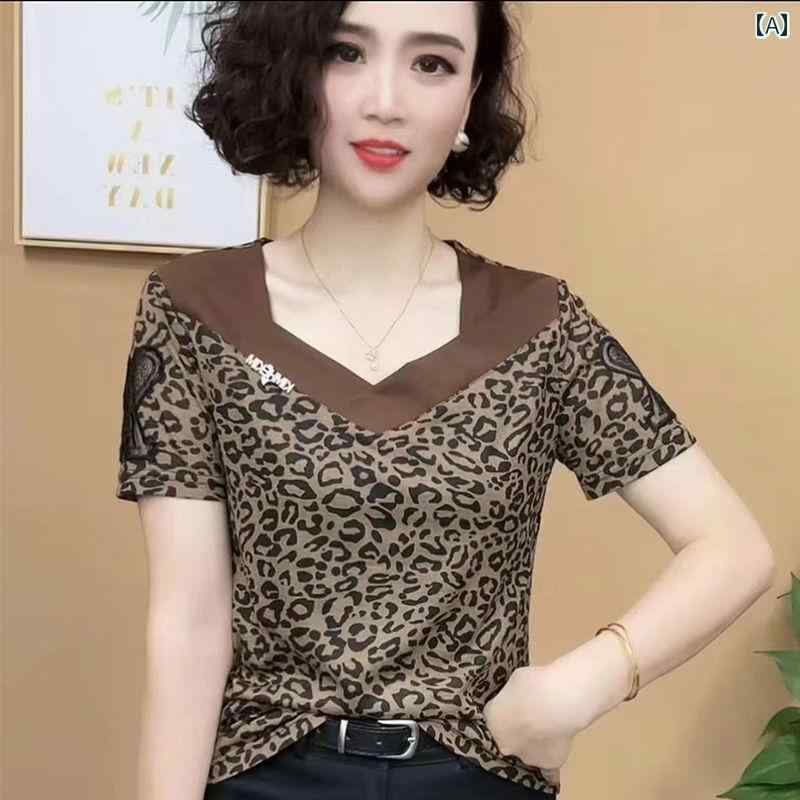 レディース ファッション おしゃれ 春夏 秋　冬 大人 上品 高級 マダム ミス ミセス プレゼント ママ　ファッション　レディーストップス　　おしゃれ　T　シャツ　夏　女性　服　ヒョウ柄　半袖　シャツ