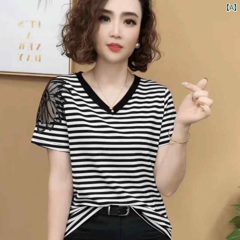 レディース ファッション おしゃれ 春夏 秋　冬 大人 上品 高級 マダム ミス ミセス プレゼント ファッション　レディース　快適　ストライプシャツ　母　夏　ゆったり　スリムトップス　半袖　T　シャツ