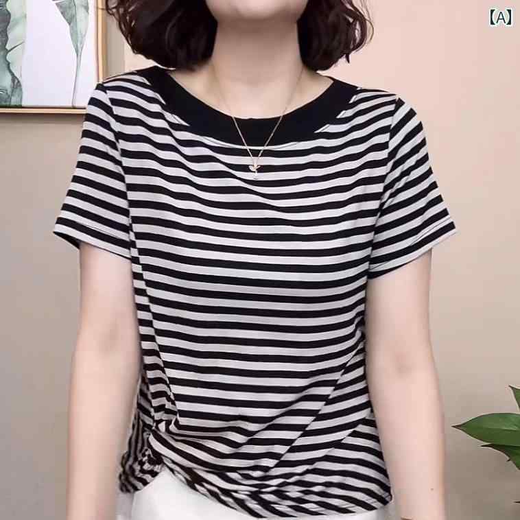 レディース ファッション おしゃれ 春夏 秋　冬 大人 上品 高級 マダム ミス ミセス プレゼント ママ　夏　多機能　ゆったり　ストライプ　ブラウス　ファッション　婦人服　洋風　半袖　T　シャツ　トップス　服