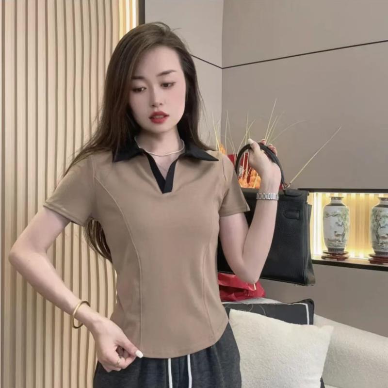 レディース ファッション おしゃれ 春夏 秋　冬 大人 上品 高級 マダム ミス ミセス プレゼント 綿　カーキ色　ポロ　カラー　半袖　T　シャツ　夏　活躍　伸縮性　スリムフィットスタイリッシュ　ガール　スリムトップス