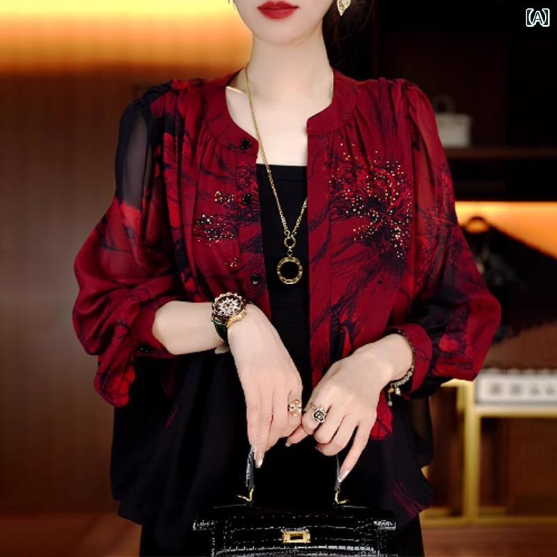 レディース ファッション おしゃれ 春夏 秋　冬 大人 上品 高級 マダム ミス ミセス プレゼント 女性用　プリント　シフォンシャツ　夏　ママ　ドレス　ラウンドネック　半袖　T　シャツ　カーディガン　ゆったり　スリムトップス