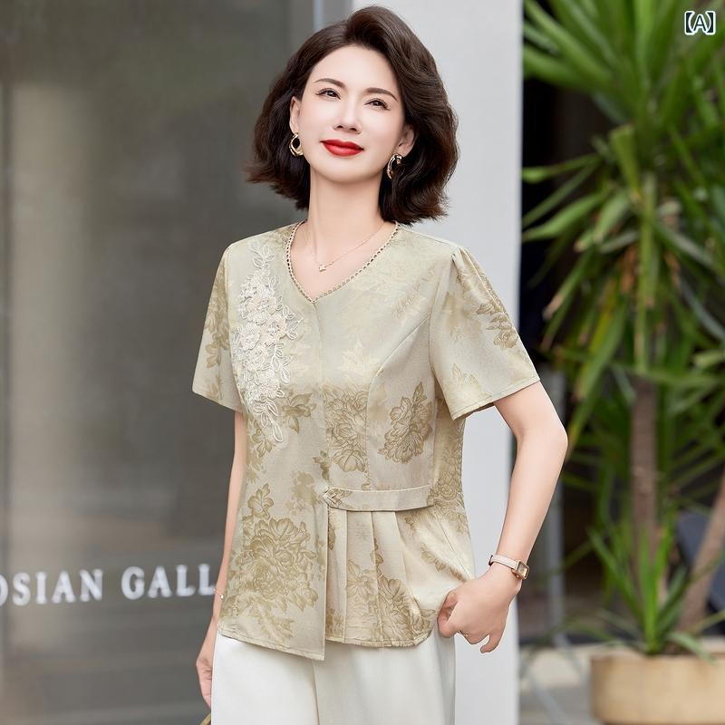 レディース ファッション おしゃれ 春夏 秋　冬 大人 上品 高級 マダム ミス ミセス プレゼント 女性用　半袖　T　シャツ　洋風　シャツ　トップス　母　日　服　ママ　夏服　小さい　シャツ