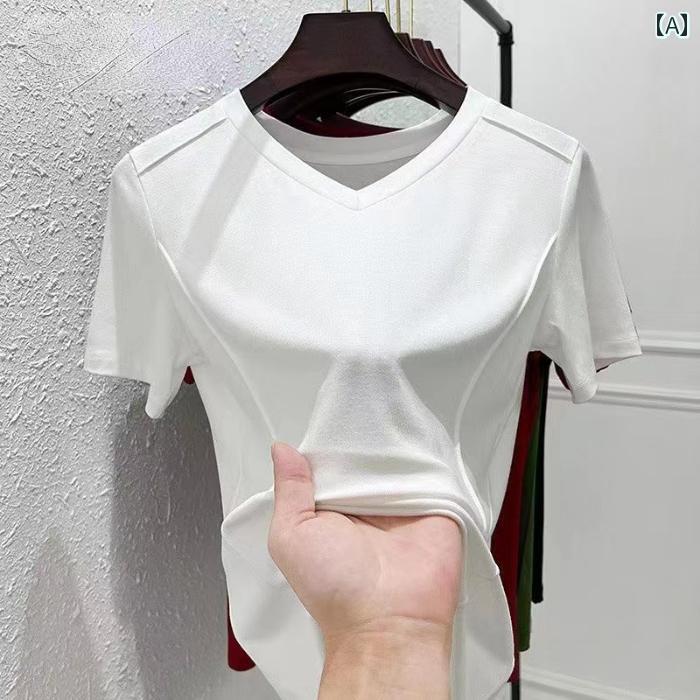 Rakuten - レディース ファッション おしゃれ 春夏 秋　冬 大人 上品 高級 マダム ミス ミセス プレゼント 綿　ストレート　ショルダー　半袖　T　シャツ　レディース　シンプル　スリムフィット　スリミング　快適　ヘリンボーン　Vネック　T　シャツ　トップス