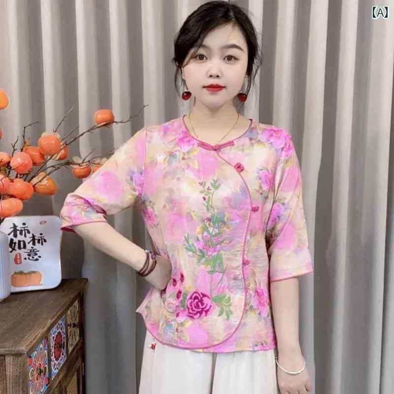 Rakuten - レディース ファッション おしゃれ 春夏 秋　冬 大人 上品 高級 マダム ミス ミセス プレゼント 夏　ゆったり　スリム　ラミー　レトロ　プリント　半袖　T　シャツ　女性　　エスニック　トップス