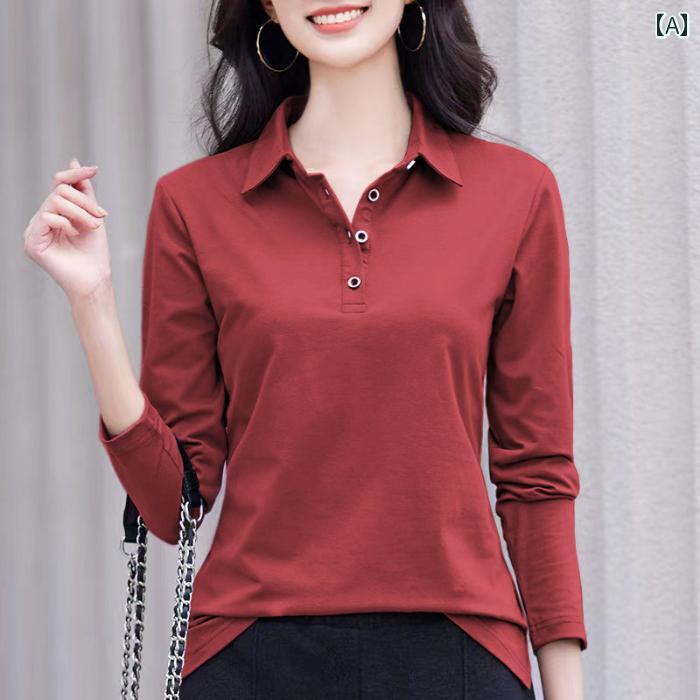 Long-Sleeved - レディース ファッション おしゃれ 春夏 秋　冬 大人 上品 高級 マダム ミス ミセス プレゼント 綿　ポロ　カラー　長袖　ストレート　ショルダー　T　シャツ　女性用　春　秋　ママ　快適　スリム　カラー　トップス