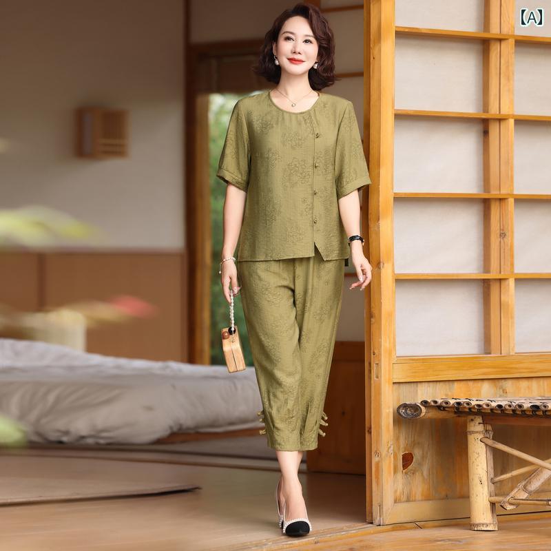 Rakuten - レディース ファッション おしゃれ 春夏 秋　冬 大人 上品 高級 マダム ミス ミセス プレゼント 女性　夏　半袖　コットンリネン　T　シャツ　ツーピース　スーツ　ウェア　大きいサイズ　ゆったり　トップス　カジュアル　スーツ