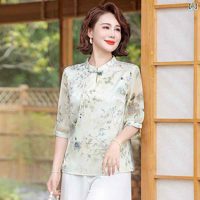 レディース ファッション おしゃれ 春夏 秋　冬 大人 上品 高級 マダム ミス ミセス プレゼント お母さん　夏　ドレス　中袖　シフォンブラウス　女性　ドレス　西洋　花柄　トップ