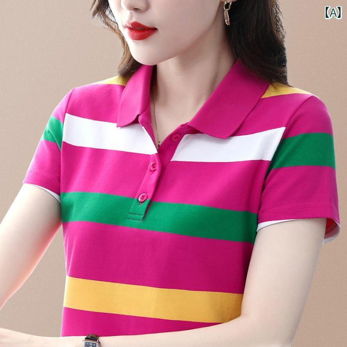 樂天商城 - レディース ファッション おしゃれ 春夏 秋　冬 大人 上品 高級 マダム ミス ミセス プレゼント 綿　女性　シャツ　ストライプ　半袖　T　シャツ　女性　夏　　スリム　ポロシャツ　T