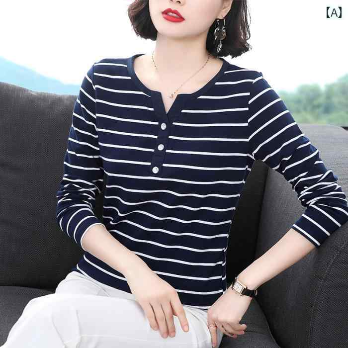 レディース ファッション おしゃれ 春夏 秋　冬 大人 上品 高級 マダム ミス ミセス プレゼント 綿　シンプル　合わせやすい　スリム　T　シャツ　初秋　ファッション　Vネック　ボタン　カジュアル　ストライプ　長袖