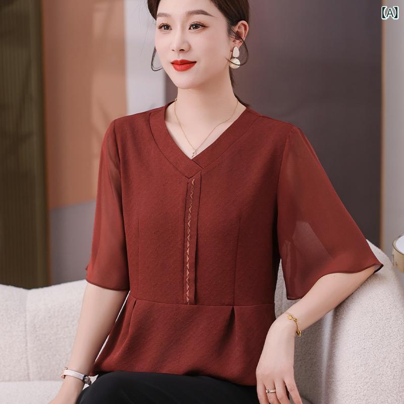 レディース ファッション おしゃれ 春夏 秋　冬 大人 上品 高級 マダム ミス ミセス プレゼント 洋風　母　Vネック　シフォンシャツ　薄手　トップス　　新型　婦人　夏　半袖　T　シャツ　ファッション　スーツ