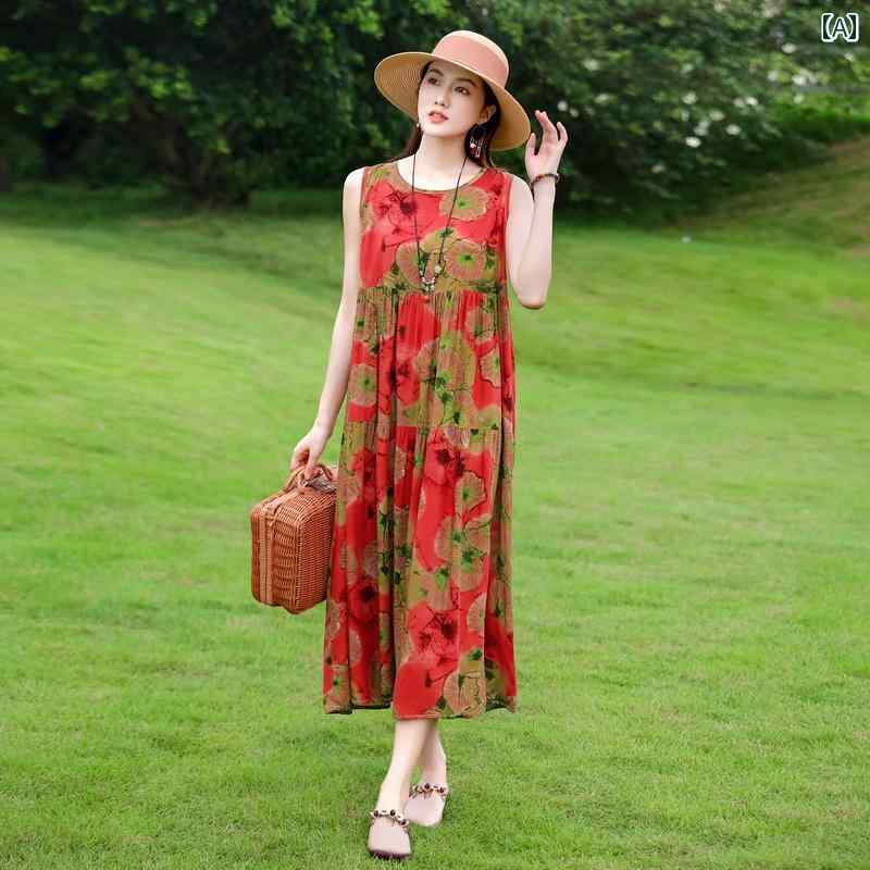 レディース ファッション おしゃれ 春夏 秋　冬 大人 上品 高級 マダム ミス ミセス プレゼント 高級　エレガント　フレンチ　大きい　スイング　コットンドレス　　夏　ドレープ　ノースリーブベスト　ドレス　ホリデー　ロング　ドレス