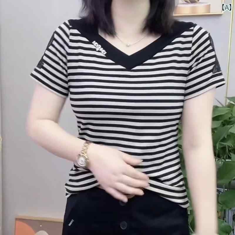 レディース ファッション おしゃれ 春夏 秋　冬 大人 上品 高級 マダム ミス ミセス プレゼント ファッション　婦人服　Vネック　ストライプ　スリムトップス　ママ　夏服　新型　半袖　T　シャツ