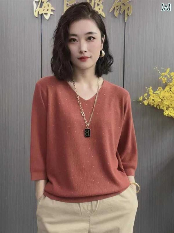 レディース ファッション おしゃれ 春夏 秋　冬 大人 上品 高級 マダム ミス ミセス プレゼント ママ　大きめ　サイズレディース　スリム　夏服　七分袖　ニット　T　シャツ　トップス　レディース　ゆったり　Vネック　ニット　セーター