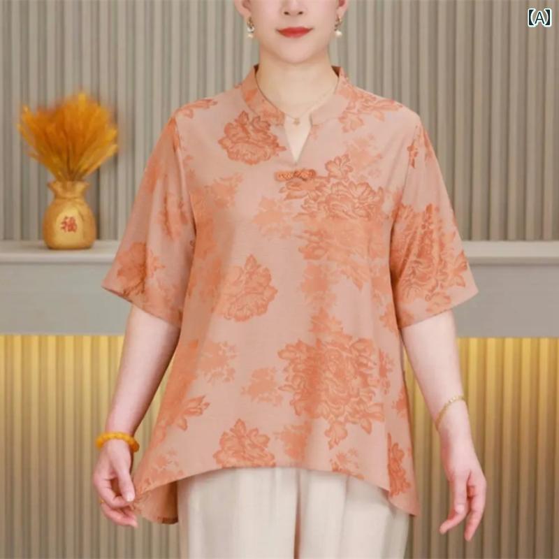 レディース ファッション おしゃれ 春夏 秋　冬 大人 上品 高級 マダム ミス ミセス プレゼント 夏　ママ　ゆったり　レトロ　半袖　T　シャツ　　スリムトップス　シャツ