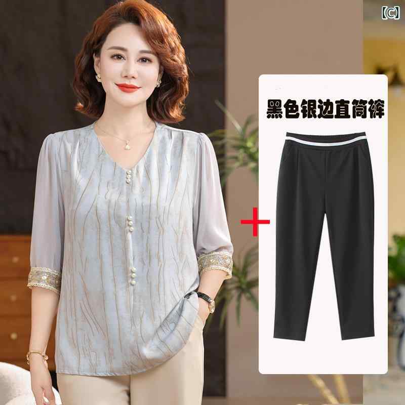 レディース ファッション おしゃれ 春夏 秋　冬 大人 上品 高級 マダム ミス ミセス プレゼント ママ　夏　シフォン　半袖　T　シャツ　スーツ　小さい　シャツ　　スタイル　西洋　女性　ツーピース　スーツ　